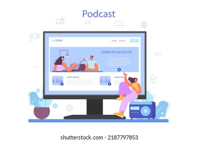 Radio host online service or platform. Idea of music broadcasting in the studio. Radio DJ interviewing a person. Online podcast. Flat vector illustration