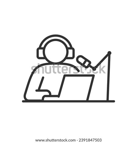 Radio host, podcast, linear icon. The man at the laptop speaks into the microphone. Line with editable stroke