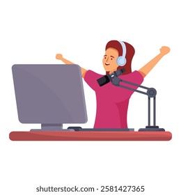 Radio host is recording a podcast and raising her arms in joy