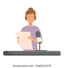 Radio host speaking into microphone, podcast creator recording audio content, woman working at the radio station