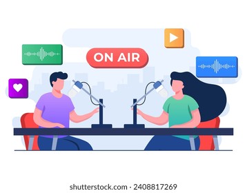 Radio host speaking to the microphone and interviewing a guest, Online video or audio podcast concept flat illustration vector template, Live interview