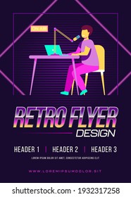 Radio host speaking at microphone at laptop. On air, presenter, blogger. Flat vector illustration. Communication, anchor, broadcasting concept for banner, website design or landing web page