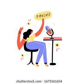 Radio host with table flat vector illustration. Media hosting doodle drawing. Female podcaster holding nameplate with podcast inscription, broadcaster at workspace isolated cartoon character
