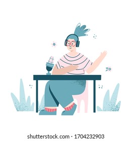 Radio host with table flat vector illustration. Media hosting doodle drawing. Female podcaster at workspace isolated cartoon character.