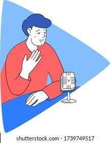 Radio host with table flat vector illustration. Media hosting doodle drawing. Male podcaster speaking to mic microphone, broadcaster at workspace isolated cartoon character. Thin line flat style