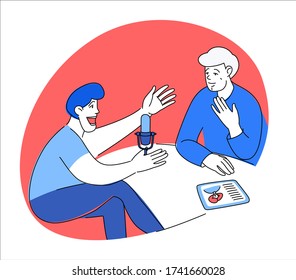 Radio host with table flat vector illustration. Media hosting doodle drawing. Podcaster interview speaking to mic microphone, broadcaster at workspace isolated cartoon character. Thin line flat style