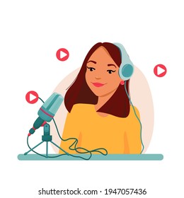 Radio host with table flat vector illustration. Media hosting doodle drawing. Female podcaster holding nameplate with podcast inscription, broadcaster at workspace isolated cartoon character.  