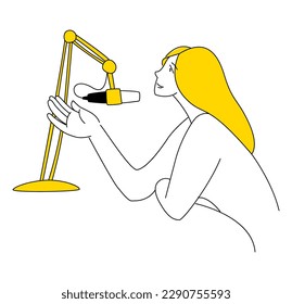 Radio host with table flat vector illustration. Media hosting doodle drawing. Female podcaster speaking to mic microphone, broadcaster at workspace isolated cartoon character. Thin line flat style