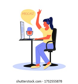 Radio host with table. Media hosting doodle drawing. Female podcaster, broadcaster at workspace isolated cartoon character. Flat vector illustration.