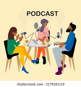 Radio host and two guests, table laptop mic cup of coffee flat vector illustration. Podcaster talking with guests, spiking to mic, broadcaster at workspace cartoon character