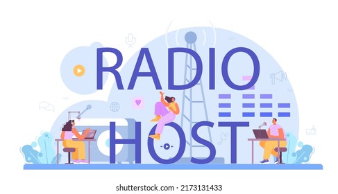 Radio host typographic header. Idea of music broadcasting in the studio. Radio DJ interviewing a person. Podcasting through the microphone. Flat vector illustration