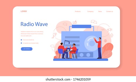 Banner web de host de radio o página de inicio. Idea de transmisión de noticias en el estudio. Ocupación de DJ. Persona hablando a través del micrófono. Ilustración vectorial aislada en estilo de dibujos animados