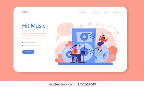 Radio host web banner or landing page. Idea of news broadcast in the studio. DJ occupation. Person talking through the microphone. Isolated vector illustration in cartoon style