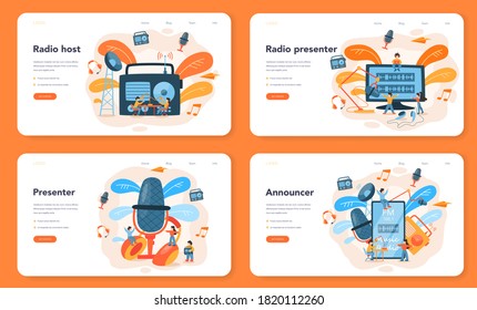 Radio host web banner or landing page set. Idea of news broadcast in the studio. DJ occupation. Presenter talking through the microphone. Isolated vector illustration in cartoon style