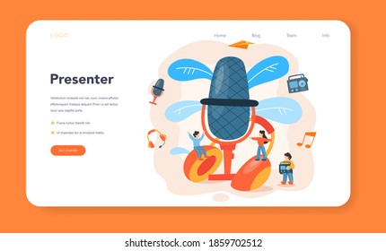 Radio host web banner or landing page. Idea of news broadcast in the studio. DJ occupation. Presenter talking through the microphone. Isolated vector illustration in cartoon style