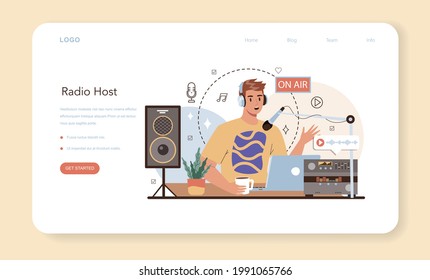 Radio host web banner or landing page. Idea of news broadcasting in the studio. Radio DJ interviewing a person. Podcasting through the microphone. Flat vector illustration