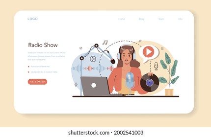 Radio host web banner or landing page. Idea of news broadcasting in the studio. Radio DJ interviewing a person. Podcasting through the microphone. Flat vector illustration