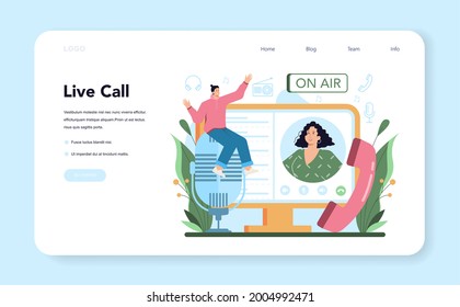 Radio host web banner or landing page. Idea of news broadcast in the studio. Radio DJ interviewing a person. Person talking through the microphone. Flat vector illustration