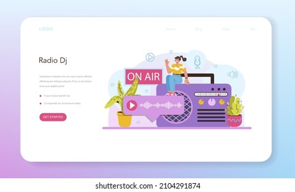 Banner web de host de radio o página de inicio. Idea de transmisión de noticias en el estudio. DJ de radio entrevistando a una persona. Podcasting a través del micrófono. Radio en línea. Ilustración vectorial plana