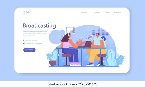 Radio host web banner or landing page. Idea of music broadcasting in the studio. Radio DJ interviewing a person. Podcasting through the microphone. Flat vector illustration