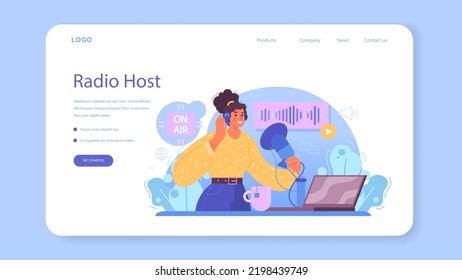 Radio host web banner or landing page. Idea of music broadcasting in the studio. Radio DJ interviewing a person. Podcasting through the microphone. Flat vector illustration