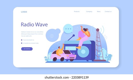 Radio host web banner or landing page. Idea of music broadcasting in the studio. Radio DJ interviewing a person. Podcasting through the microphone. Flat vector illustration