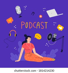 Radio host.Podcast concept illustration.Young female listening to podcast sitting on the floor.A set of devices for a podcast.Vector cartoon colourful illustration in flat style with lettering. 