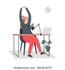 Radio host.Podcast concept illustration.Young female podcaster sitting at a table in the studio and records her voice.Broadcaster at workspace.Vector colourful illustration.Isolated cartoon character 