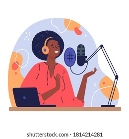 Radio host.Podcast concept illustration.Young female podcaster sitting at a table in the studio and records her voice.Broadcaster at workspace.Vector colourful illustration.Isolated cartoon character 