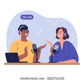 Radio host.Podcast concept illustration.Young happy man and woman radio hosts characters podcasters talking communicating in studio.Interviewing guest. Vector cartoon illustration in flat style.