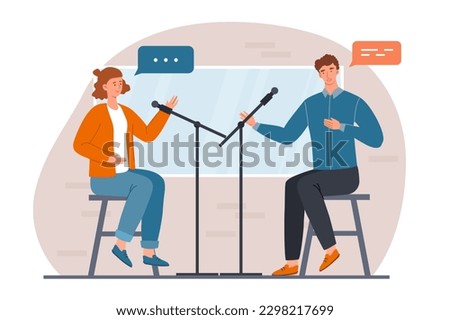 Radio hosts concept. Man and woman sit near microphone stands. Popular personalities create interesting content. On air stream, live. Discussion, dialogue with guest. Cartoon flat vector illustration