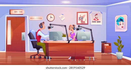 Radio hosts dj in studio, presenters man and woman in headphones sitting in station room at table with microphones and pc broadcasting music programs and podcast on air. Cartoon vector illustration