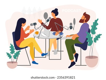 Radio hosts and guest, table laptop mic cup of coffee flat vector illustration. Podcasters talking with guest, spiking to mic, broadcaster at workspace cartoon character