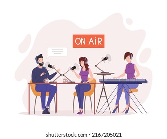 Radio hosts, presenters broadcasting on air in station room. People recording podcast or doing radio show with headphones and mixer console. Live podcast, broadcasting, interviewing flat vector