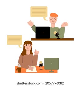 Radio hosts with table, microphone, laptop. Young man and woman are doing live podcasts.  Broadcasters at workspace.   Hand drawn vector illustration isolated on white. Flat design.