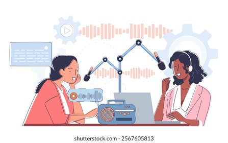 Radio hosts talking. Two women with microphones lead podcasts. People create interesting content for social networks and video hosting sites. Streaming and podcasting. Linear vector illustration