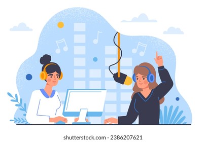 Radio hosts at workplace. Two women sitting with microphone and computer. Hosts of popular programs. Broadcast and podcast recording. Girls create interesting content. Cartoon flat vector illustration