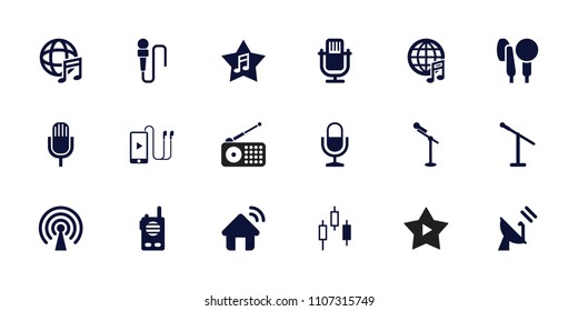 Radio icon. collection of 18 radio filled icons such as microphone, international music, signal, satellite, house signal. editable radio icons for web and mobile.