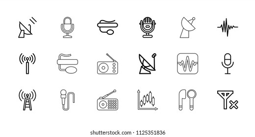 Radio icon. collection of 18 radio outline icons such as signal tower, transmitter, microphone, pin microphone, music equalizer. editable radio icons for web and mobile.