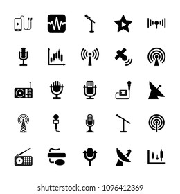 Radio icon. collection of 25 radio filled icons such as satellite, microphone, favorite music, signal, panel control, signal tower. editable radio icons for web and mobile.