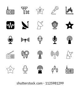 Radio icon. collection of 25 radio filled and outline icons such as signal, microphone, favorite music, satellite, control panel. editable radio icons for web and mobile.
