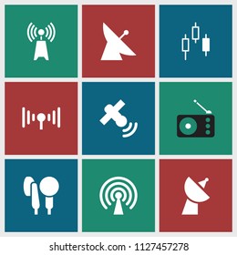 Radio icon. collection of 9 radio filled icons such as satellite, microphone, signal, control panel. editable radio icons for web and mobile.