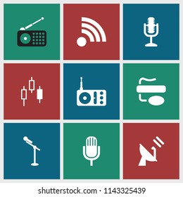 Radio icon. collection of 9 radio filled icons such as microphone, satellite, control panel, pin microphone. editable radio icons for web and mobile.