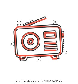 Radio icon in comic style. Fm broadcast cartoon vector illustration on white isolated background. Radiocast splash effect business concept.