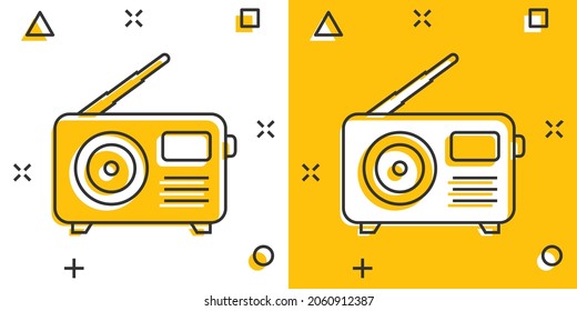 Radio icon in comic style. Fm broadcast cartoon vector illustration on white isolated background. Radiocast splash effect business concept.