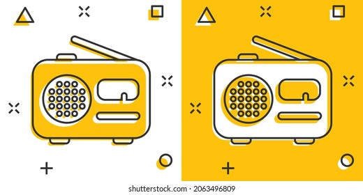 Radio icon in comic style. Fm broadcast cartoon vector illustration on white isolated background. Radiocast splash effect business concept.