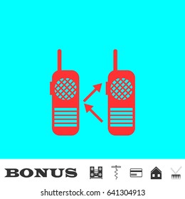 Radio icon flat. Red pictogram on blue background. Vector illustration symbol and bonus buttons Music center, corkscrew, credit card, house, drum