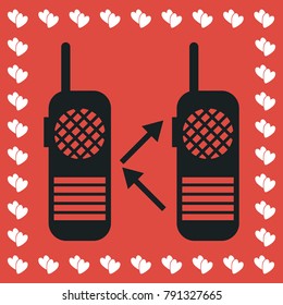 Radio icon flat. Simple black pictogram on red background with white hearts for valentines day. Vector illustration symbol
