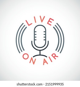 Radio icon il line style. Studio table microphone with broadcast text on air. Vector concept design for radio or podcast show.