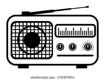 Radio icon. Radio in outline style with antenna, isolated on white background. Thin line logo for podcast. Vector illustration